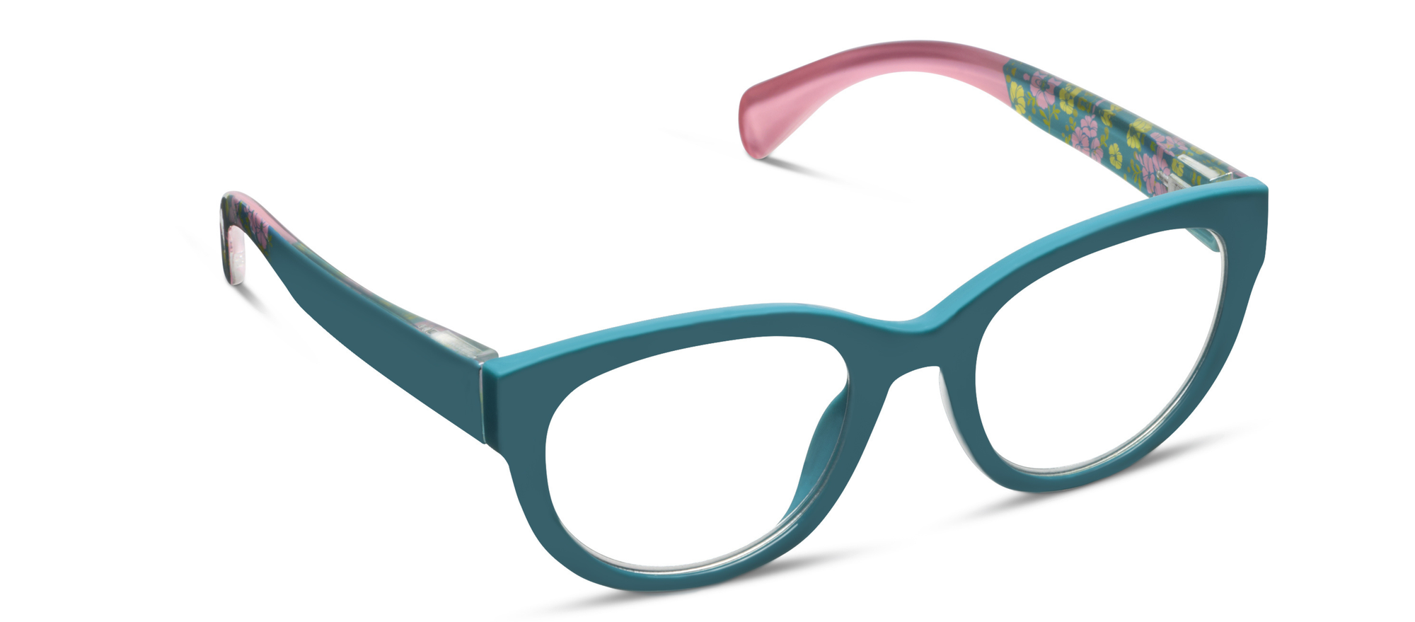 Teal eyeglasses with a colorful floral pattern on the arm against a white background