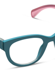 Teal eyeglasses with a colorful floral pattern on the arm against a white background