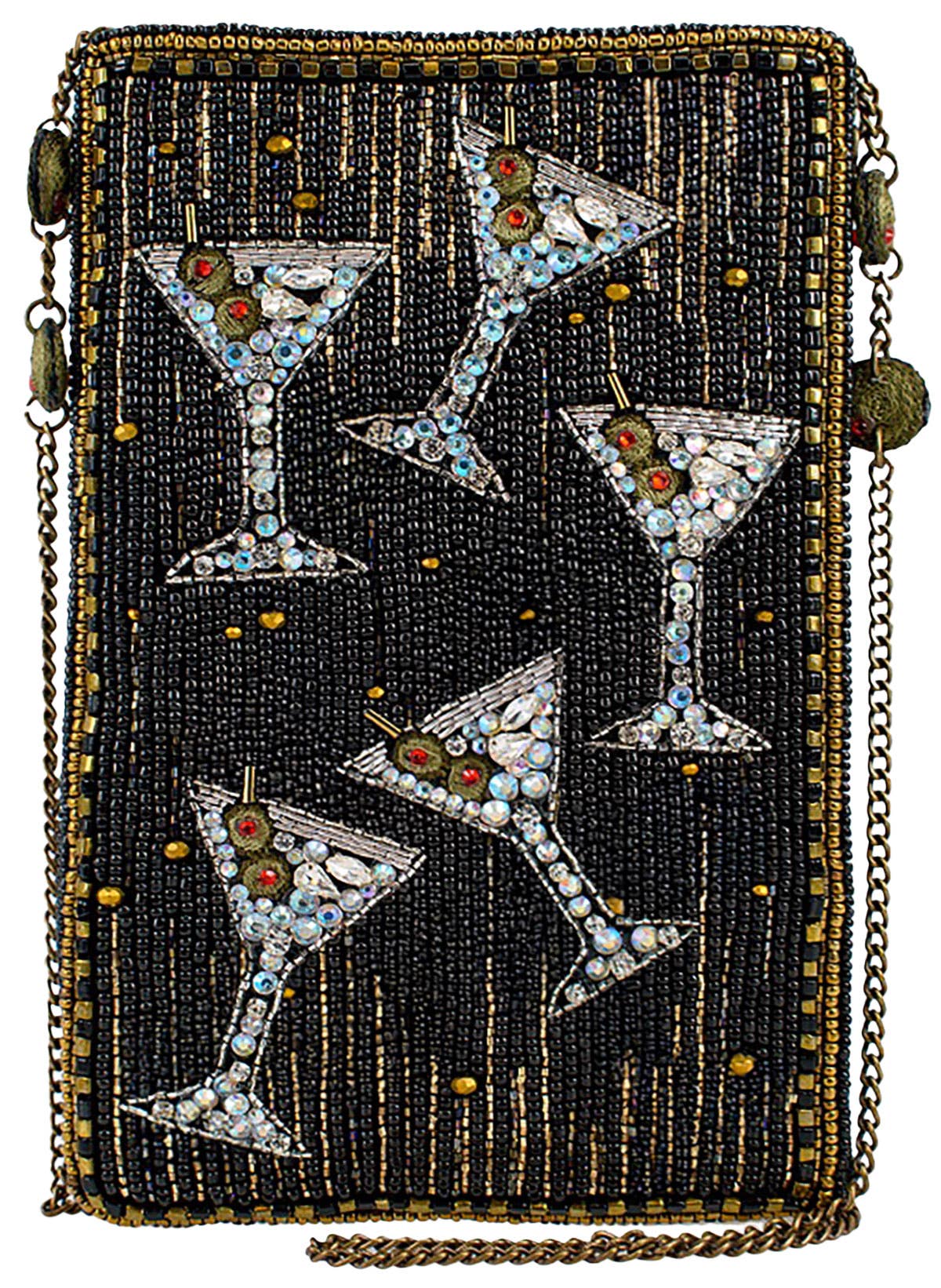 Beaded clutch with martini glass designs on a black background
