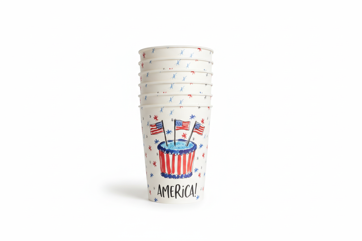 Hand holding a stack of paper cups with American flag design on a checkered floor.