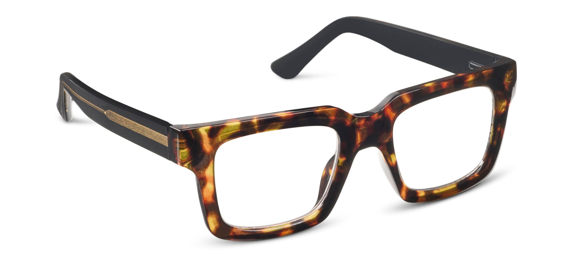 Tortoiseshell eyeglasses with black frame on a white background