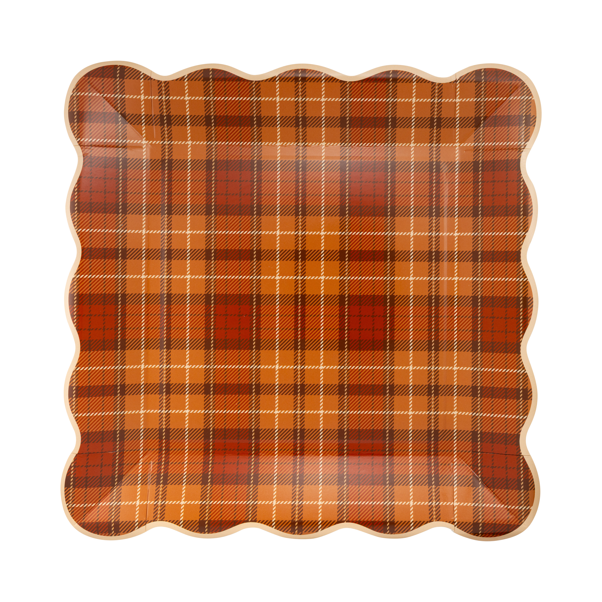 Plaid patterned paper plate on a white background