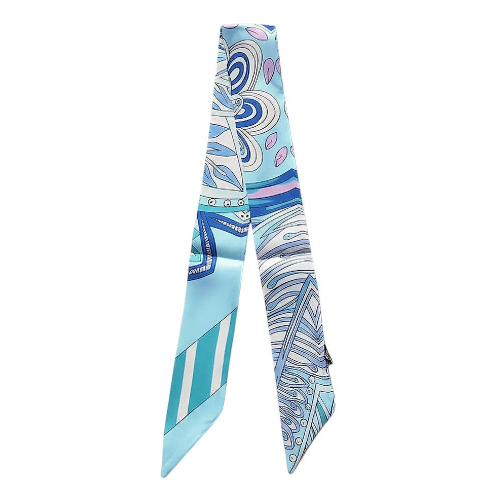 Decorative scarf with blue and white pattern on a white background