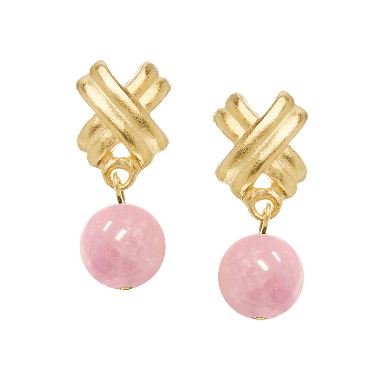 Gold earrings with pink beads on a white background