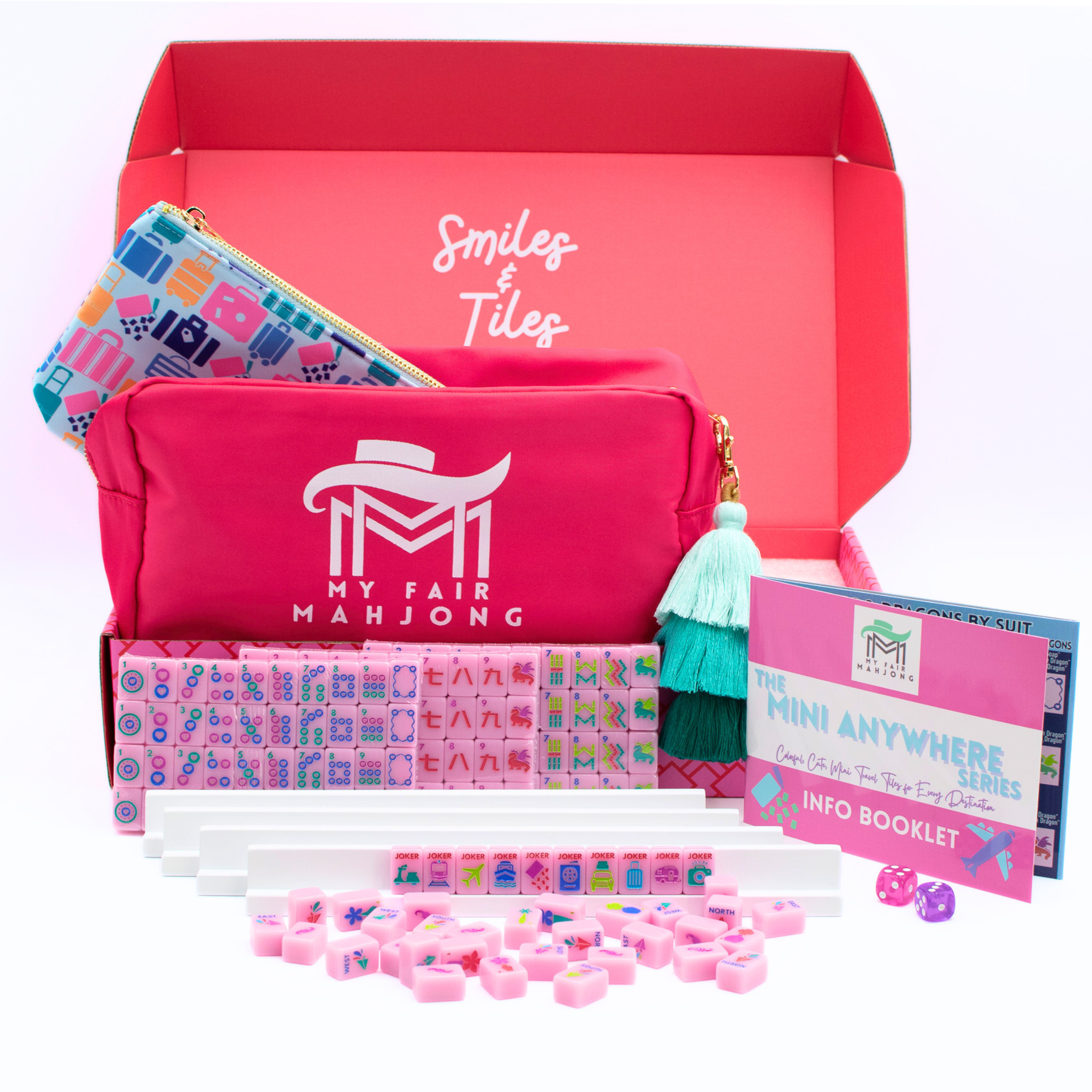 My Fair Mahjong game set with pink box, tiles, and accessories on a white background