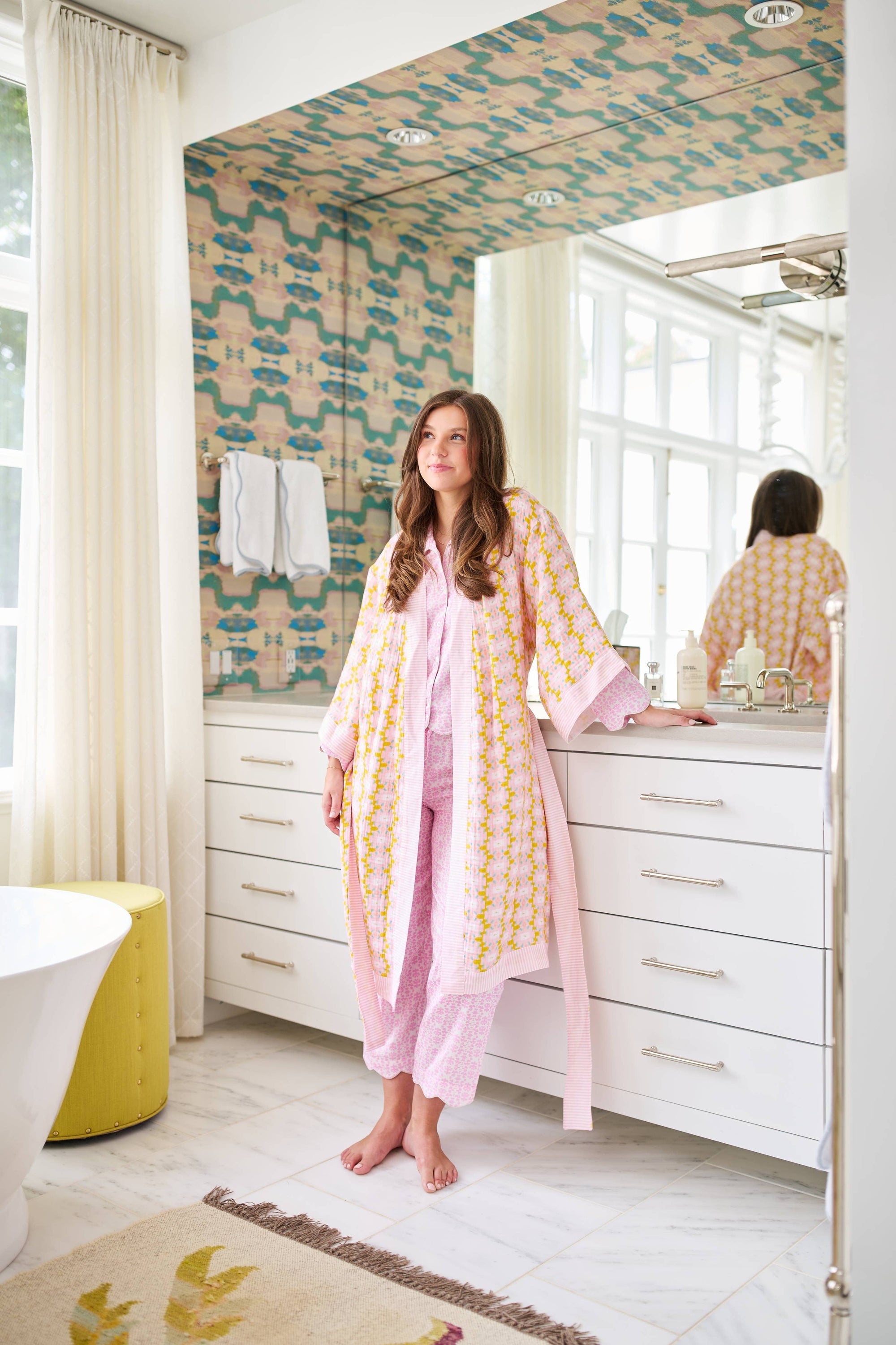 Scalloped Pajama Set Long - Light Pink Chintz