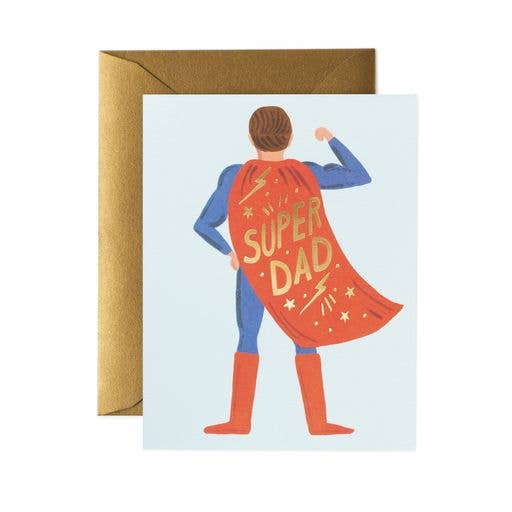 Greeting card with a superhero illustration labeled 'Super Dad' and a gold envelope.