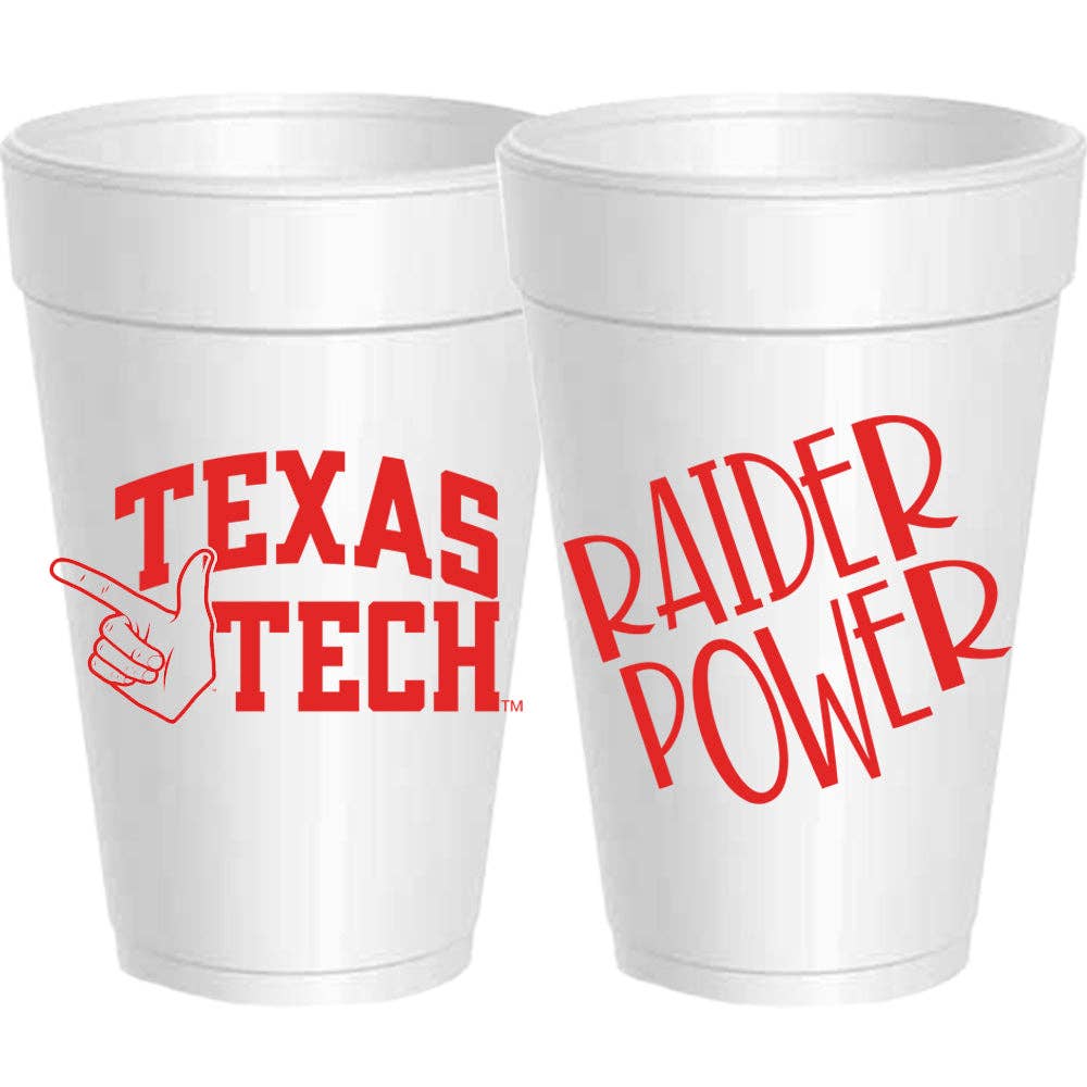 Two white styrofoam cups with red Texas Tech and graphics on a white background