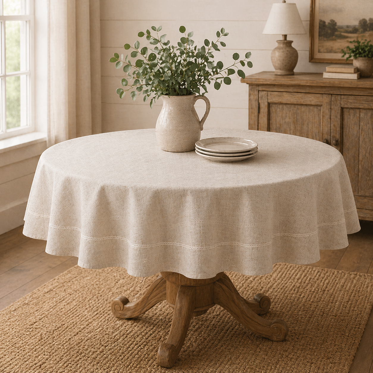Linen-Blend Round Tablecloth with Lace Border