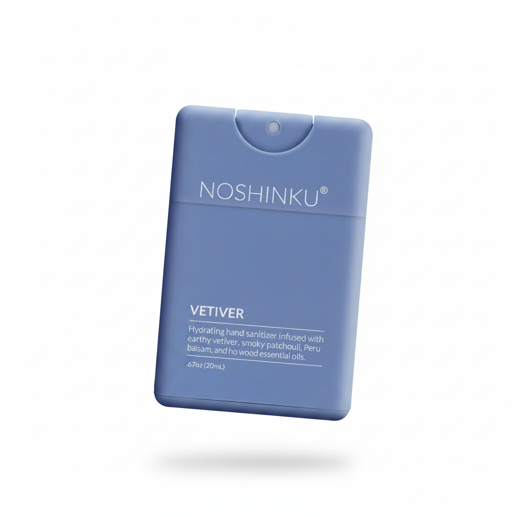Blue hand sanitizer bottle with 'Noshinku' branding on a blue background
