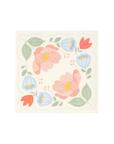 Floral design with pink, blue, and red flowers on a beige background