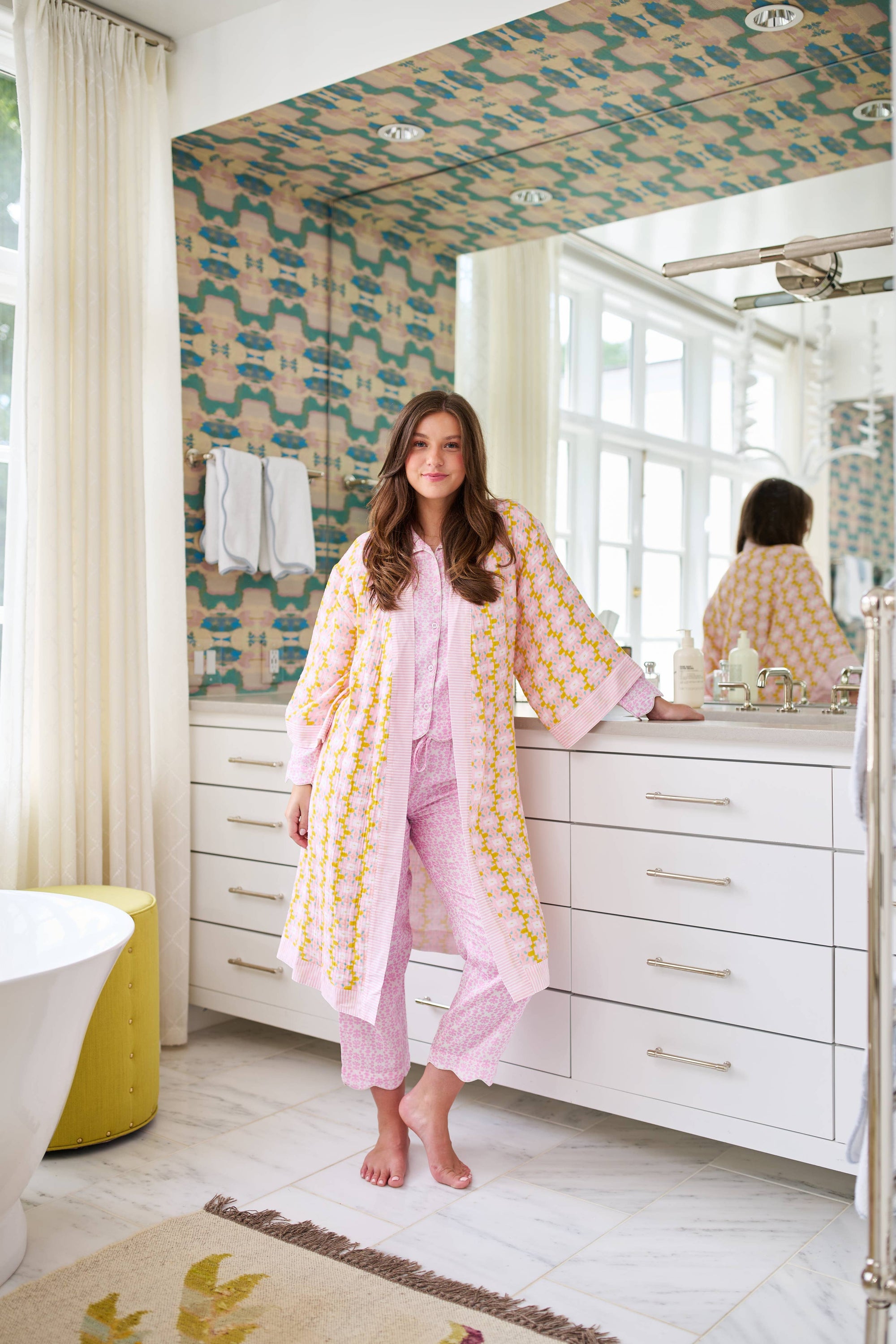 Scalloped Pajama Set Long - Light Pink Chintz