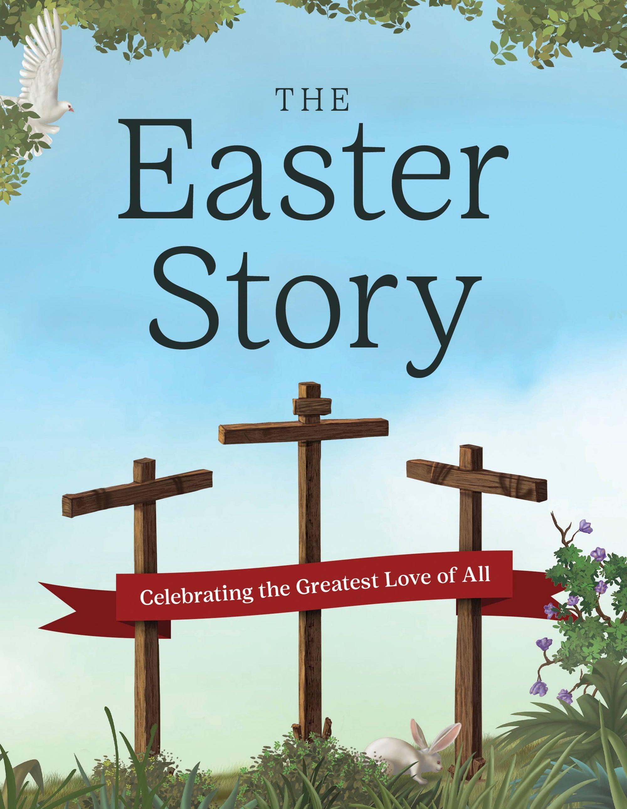 Book cover of 'The Easter Story' with crosses, a dove, and a rabbit against a blue sky.