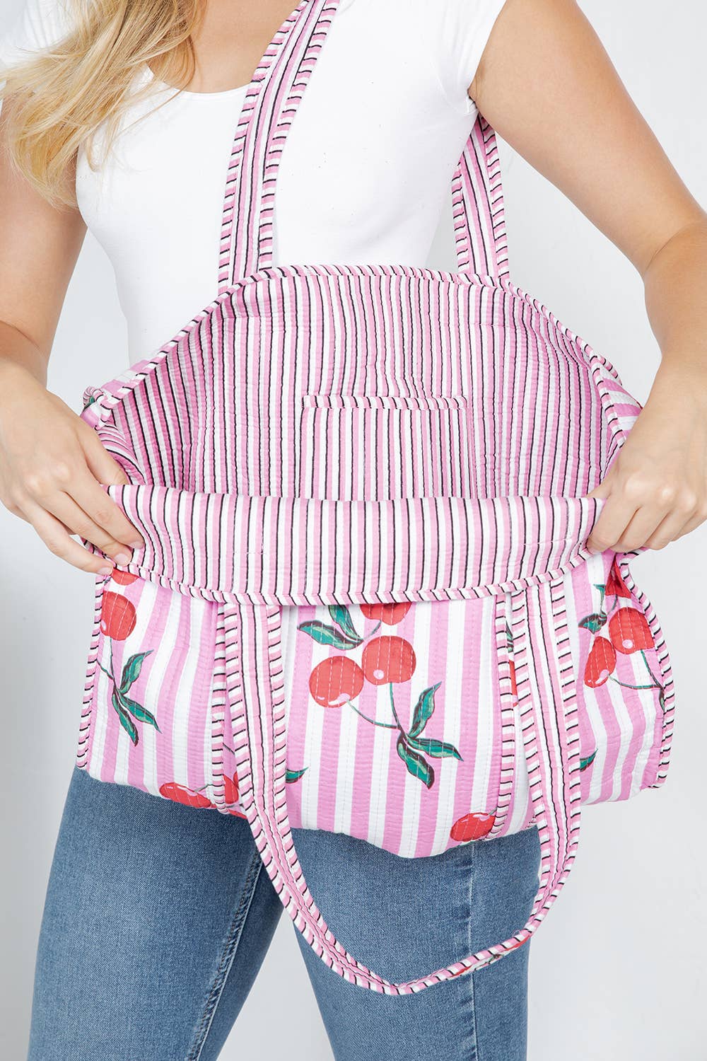 Pink Cherry Quilted Cotton Tote Bag