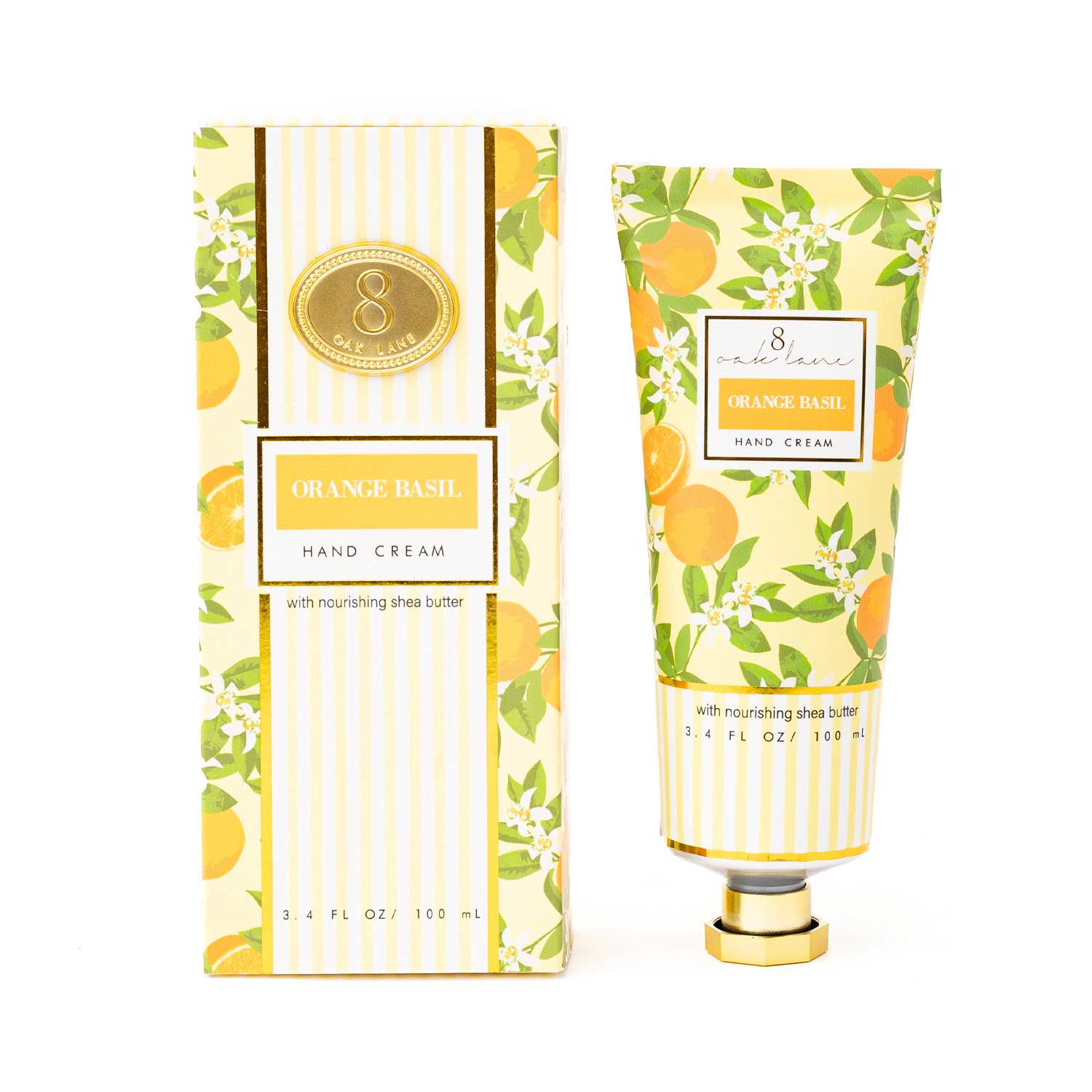 Hand cream with packaging featuring orange design on a white background
