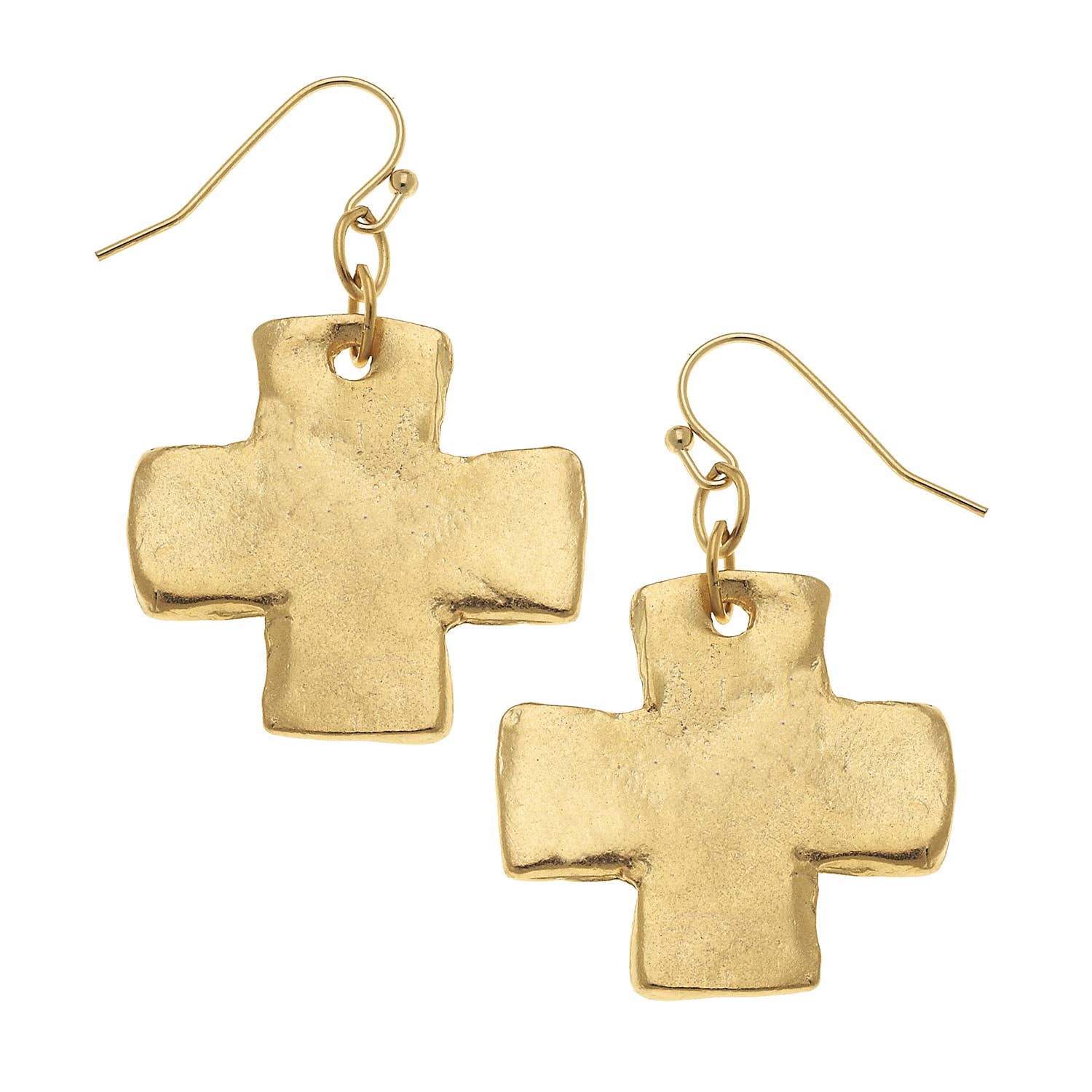 Gold cross-shaped earrings on a white background
