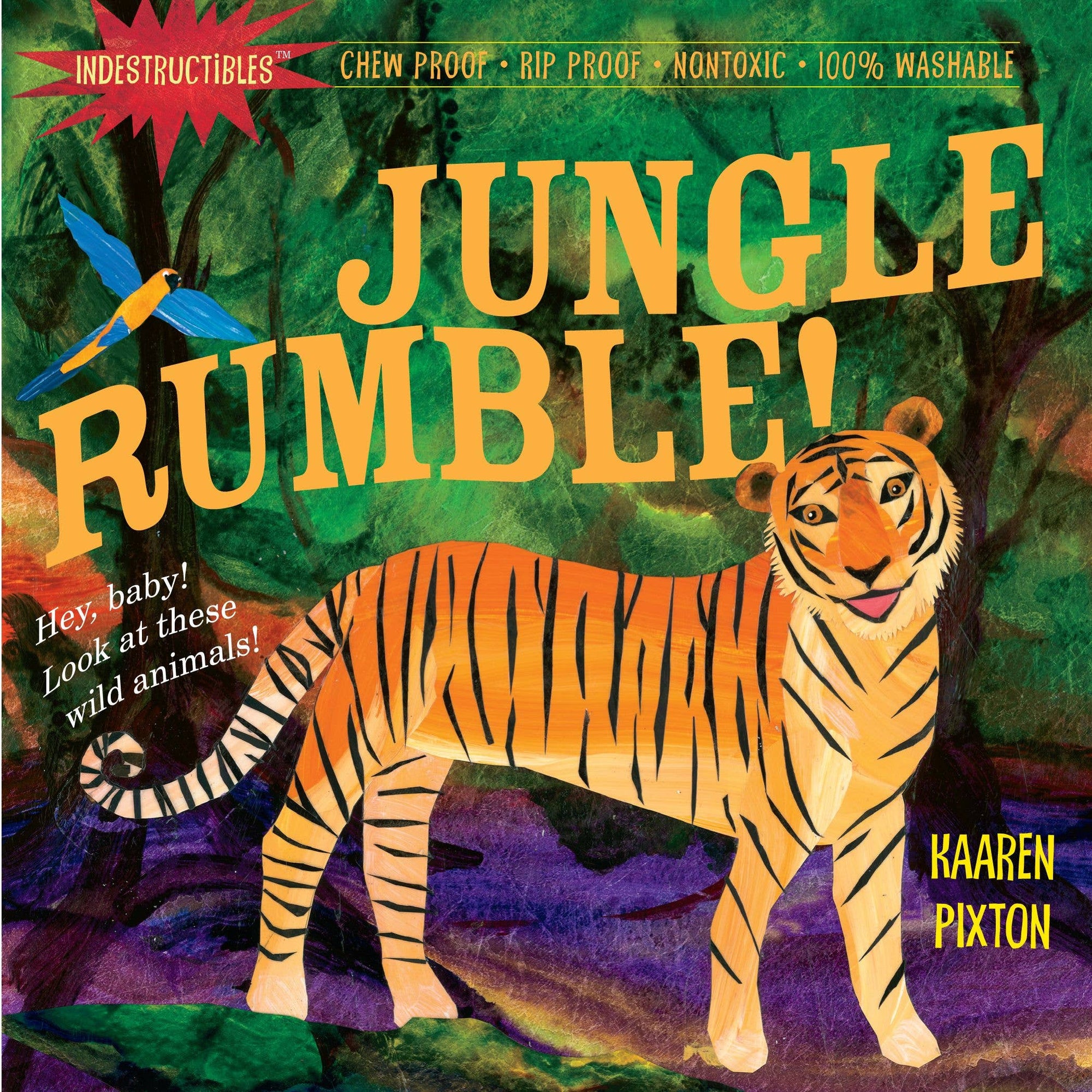 Book cover of 'Jungle Rumble!' with a tiger and zebra illustration on a colorful background.