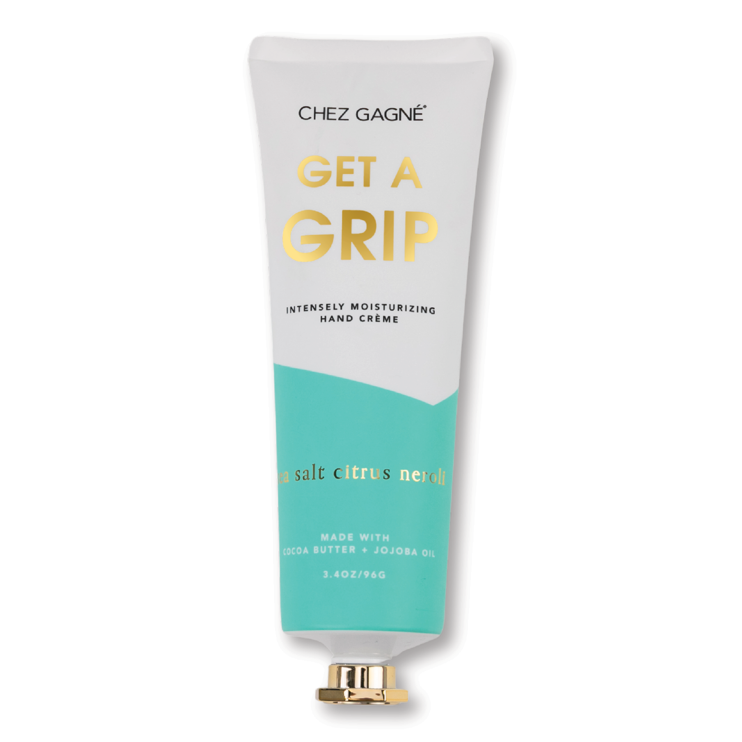 Hand cream tube labeled 'Get a Grip' by Chez Gagne on a white background