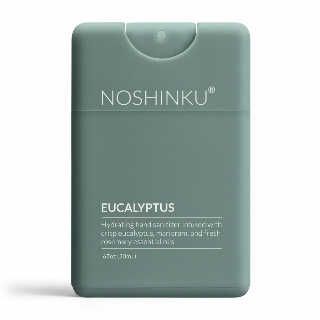 Noshinku Eucalyptus hand sanitizer bottle on a beige background