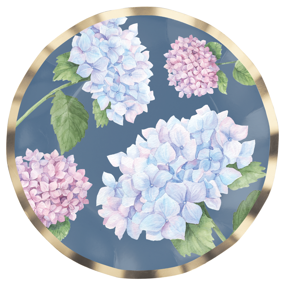 Decorative plate with hydrangea flowers on a blue background
