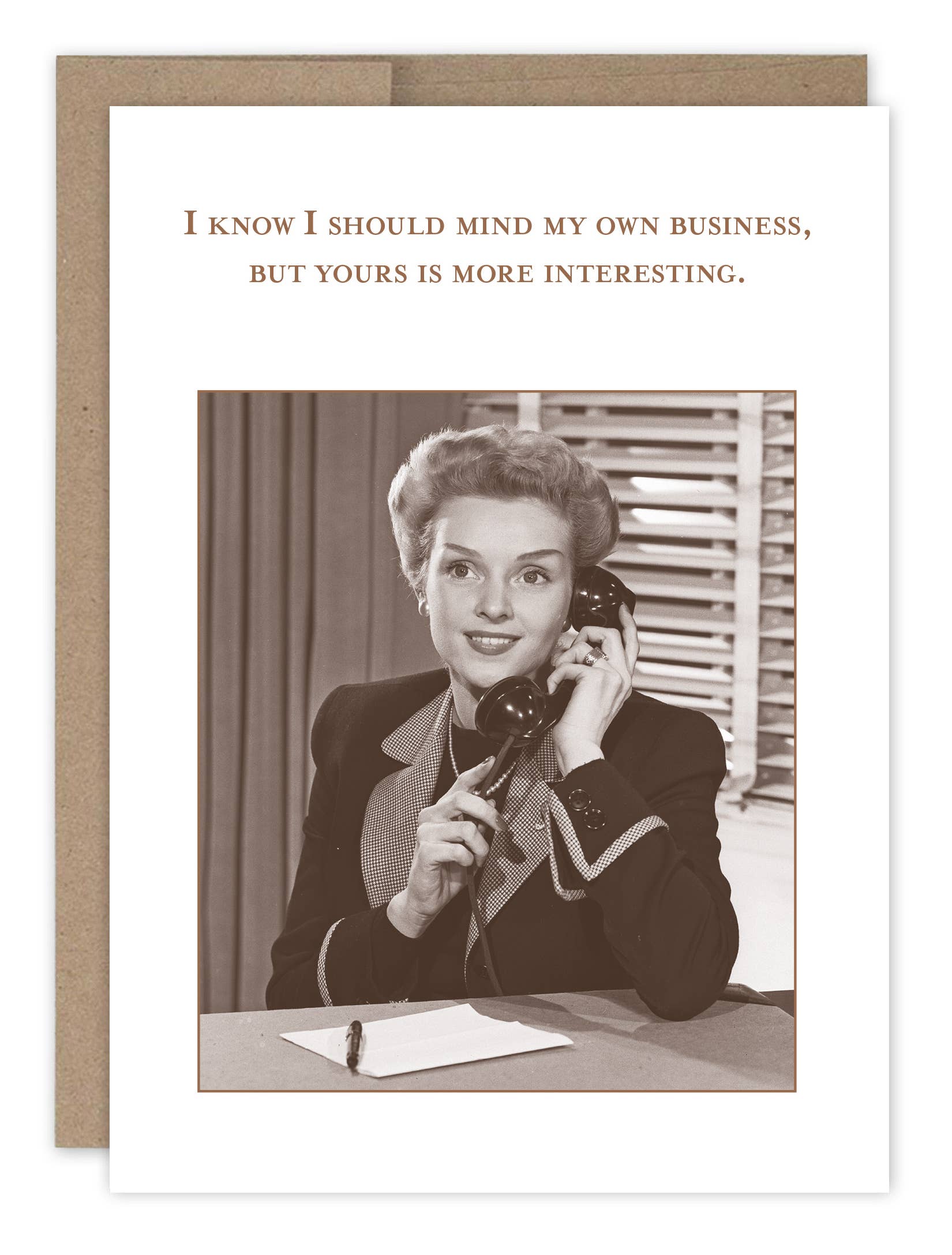 Vintage-style card with a woman on the phone and humorous text.