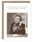Vintage-style card with a woman on the phone and humorous text.