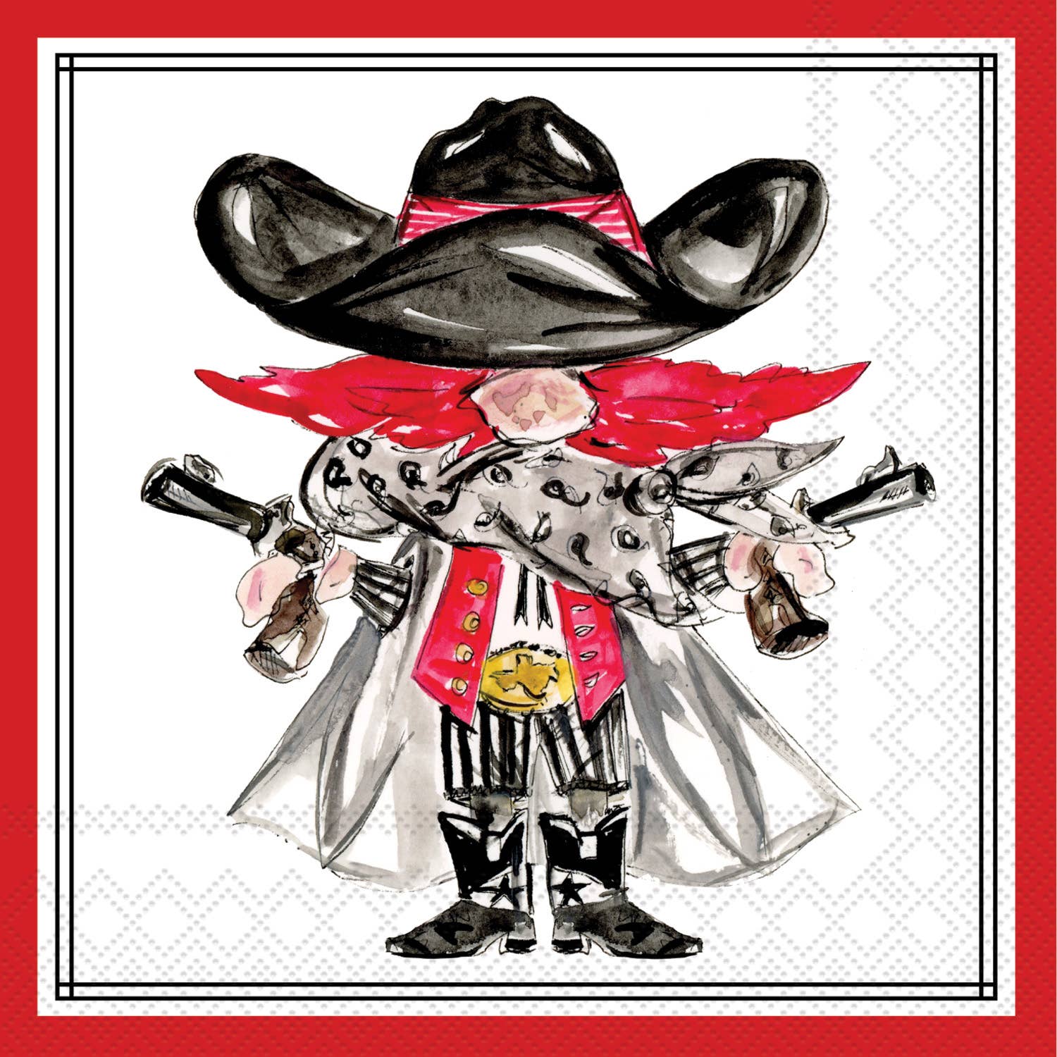 Red Raider character with a large hat and bandana on a red border Cocktail napkin