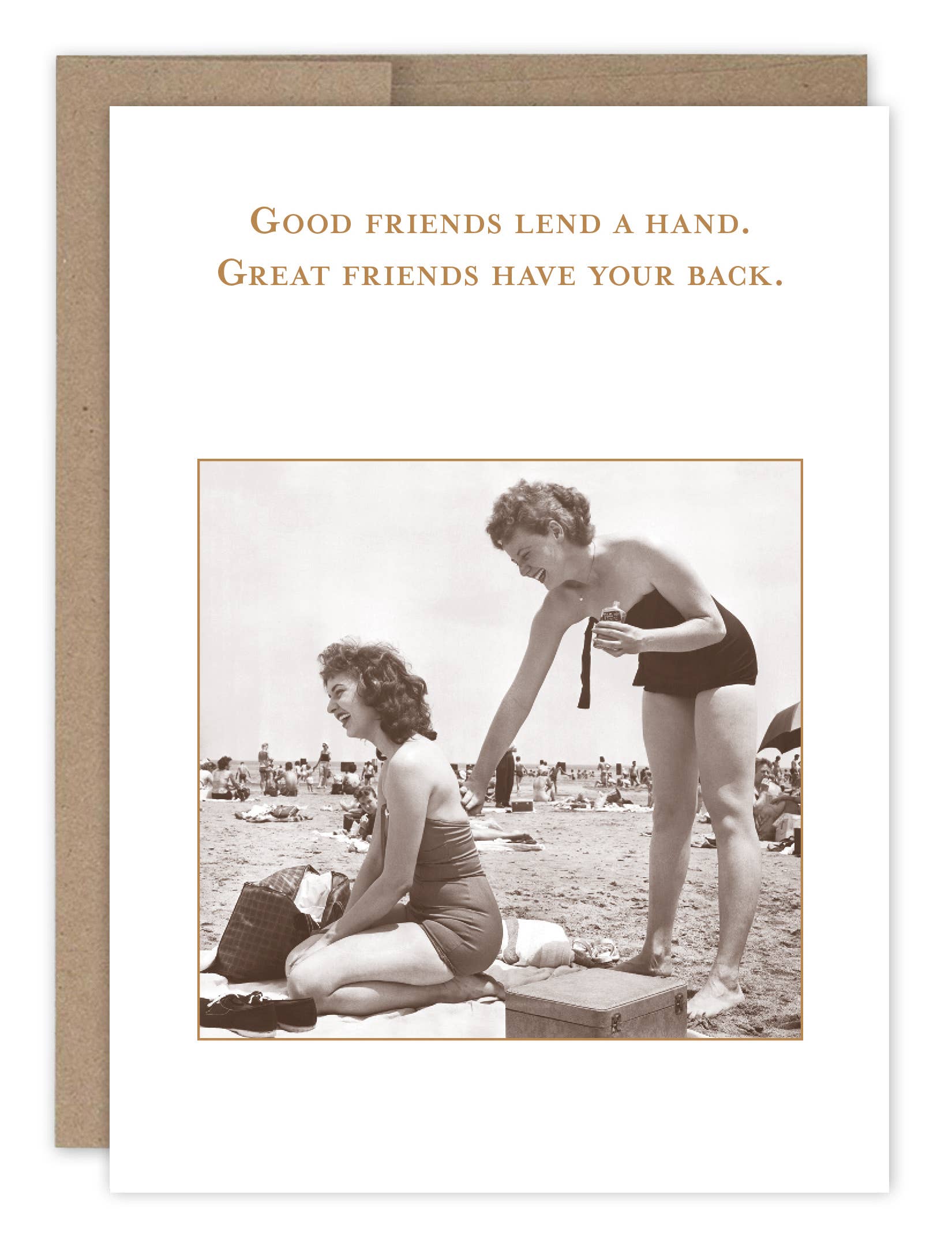 Vintage-style card with two women on a beach and a motivational quote.