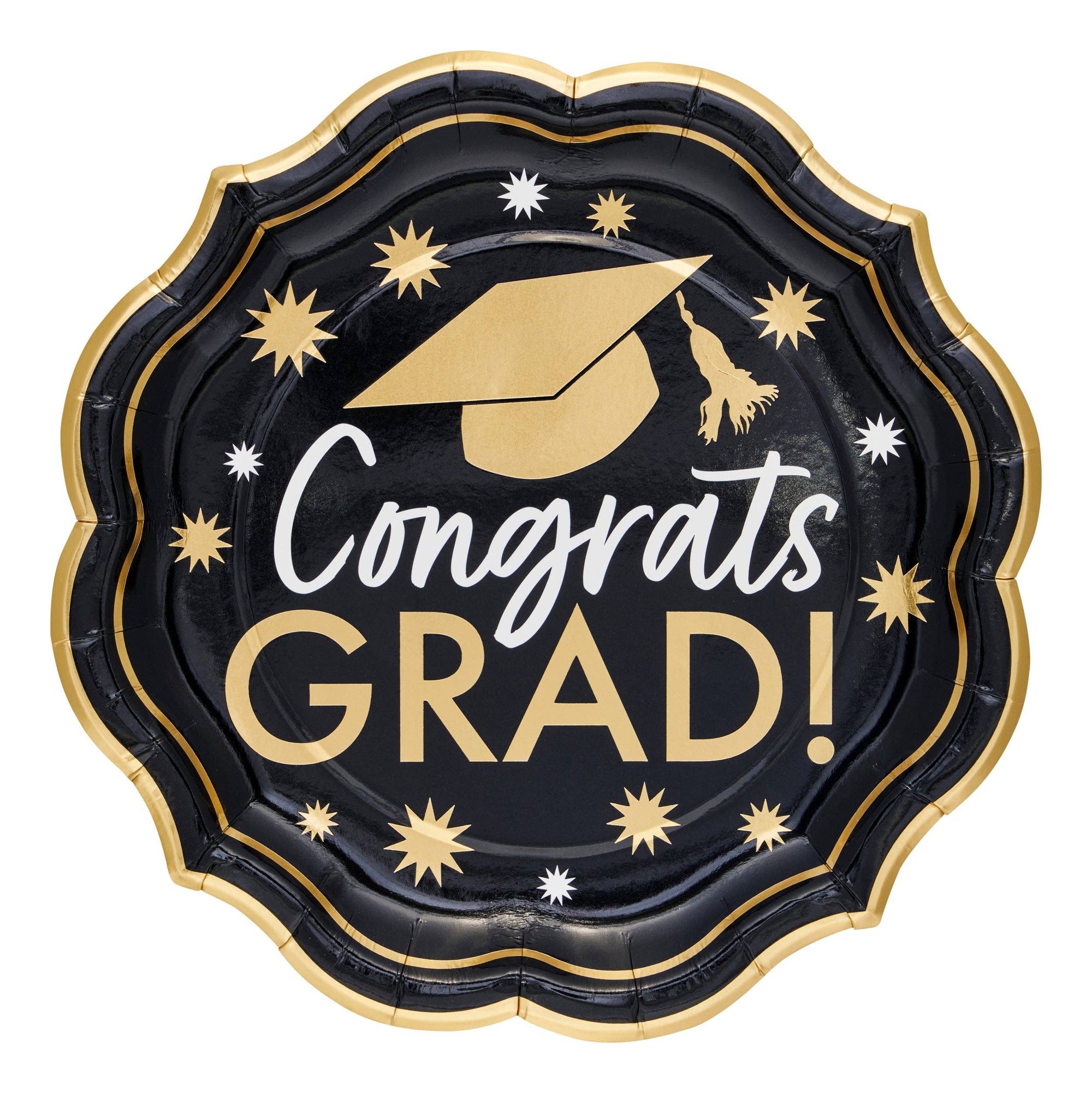 Graduation-themed paper plate with 'Congrats Grad!' text and decorative elements on a black background.
