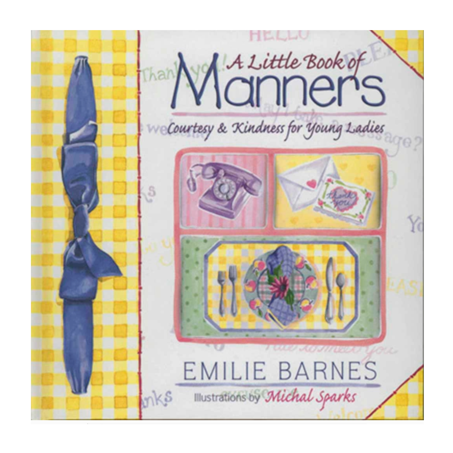 Book cover of 'A Little Book of Manners' by Emilie Barnes with illustrations on a checkered background.