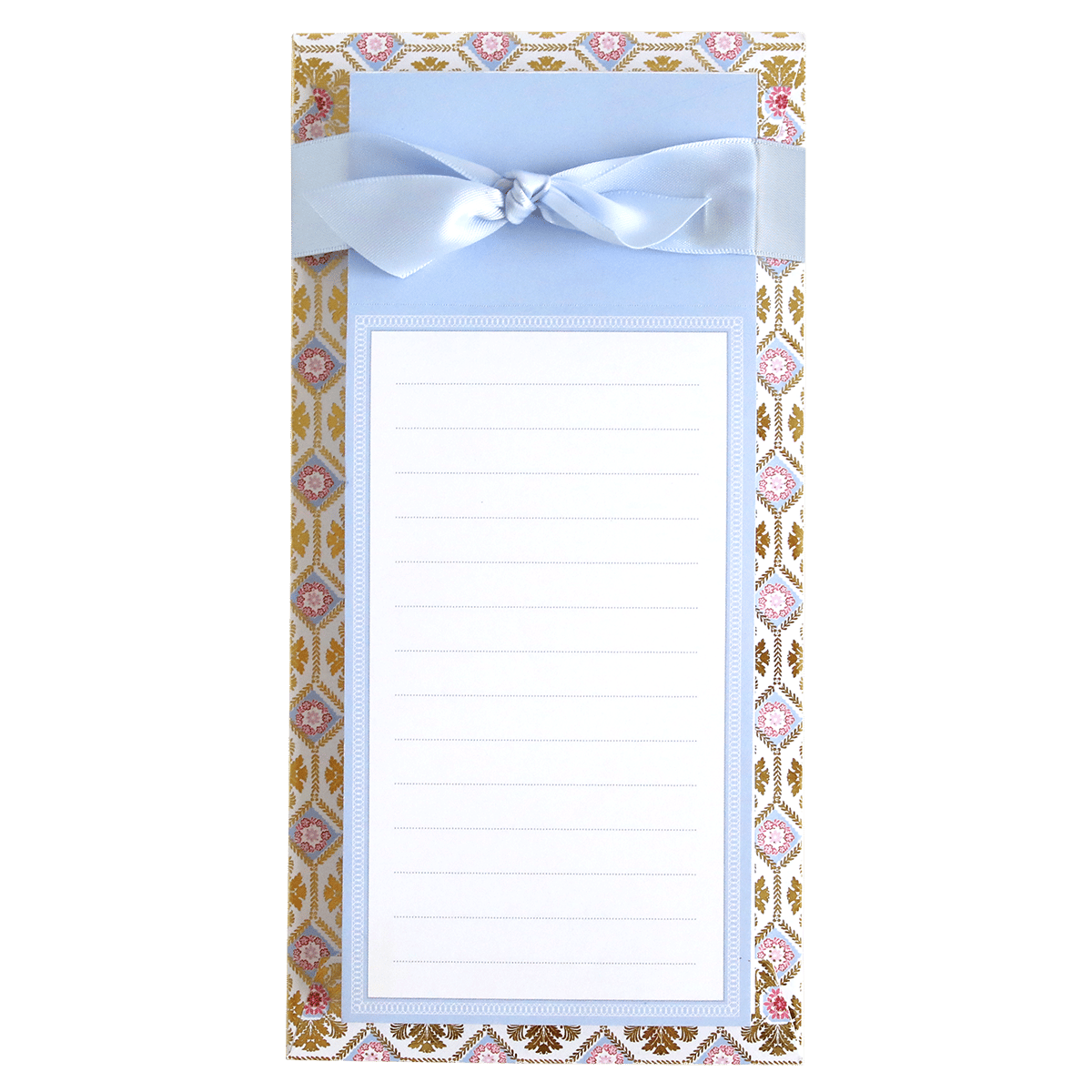 Notepad with decorative border and ribbon on a green background