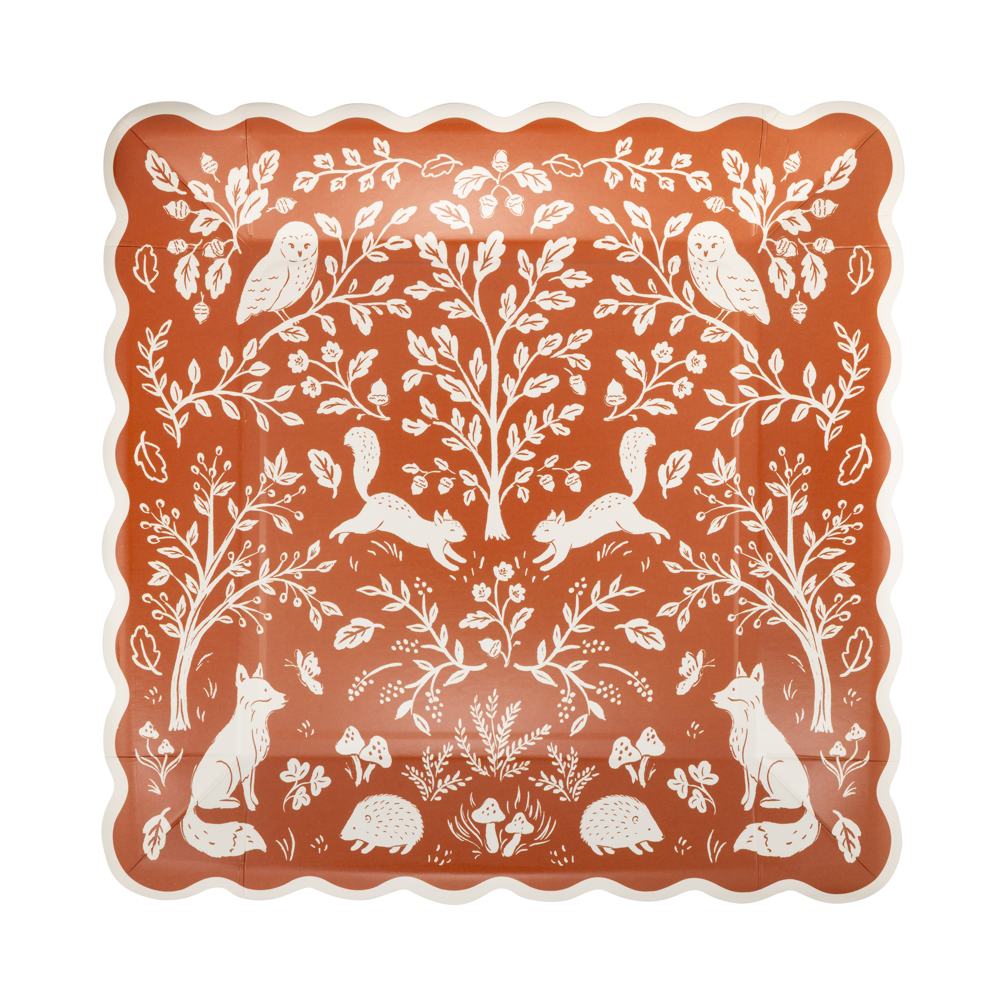 Decorative square paper plate with white forest animals and plants pattern on a red-brown background
