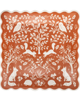 Decorative square paper plate with white forest animals and plants pattern on a red-brown background