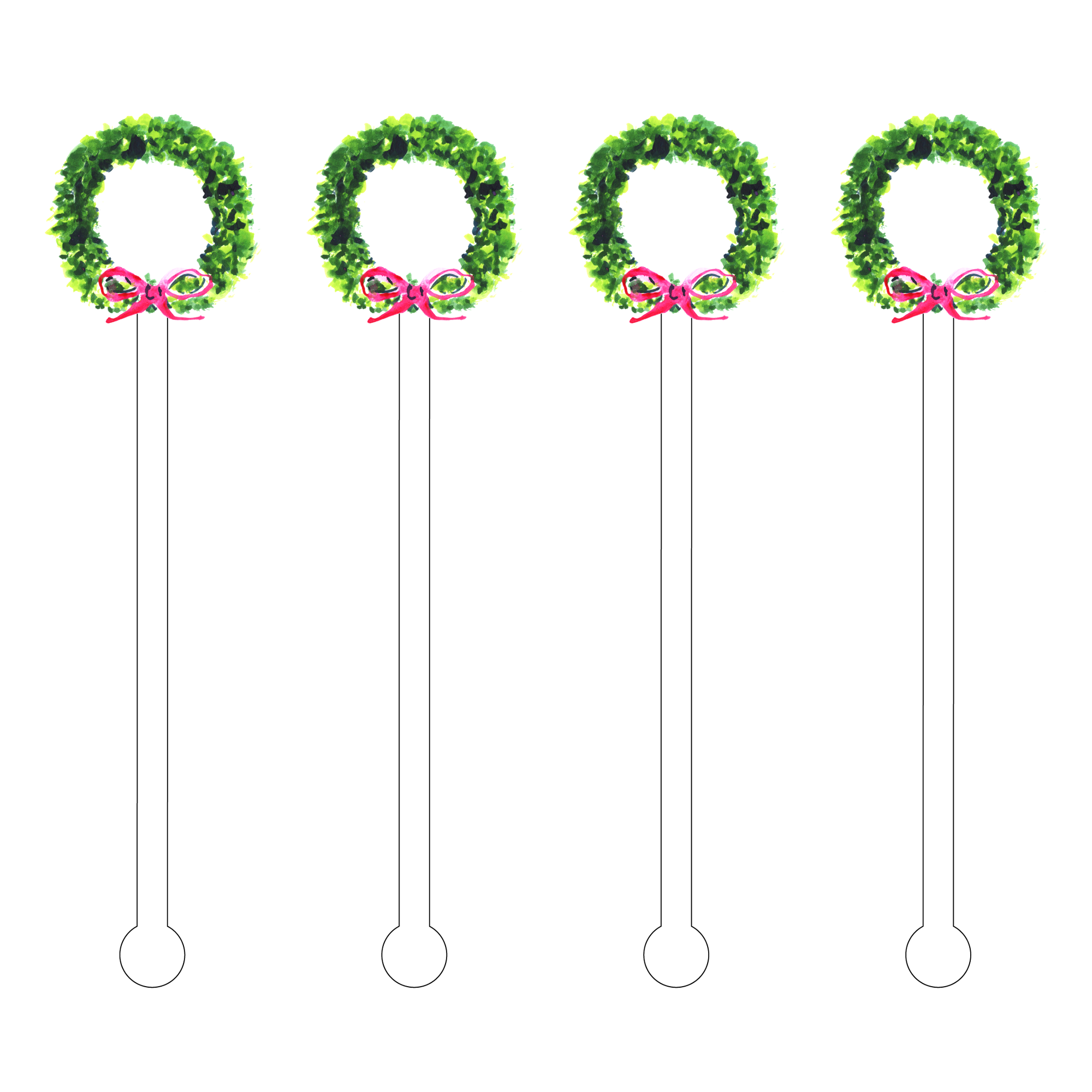 Four decorative cocktail sticks with green leafy ends and pink bows on a white background