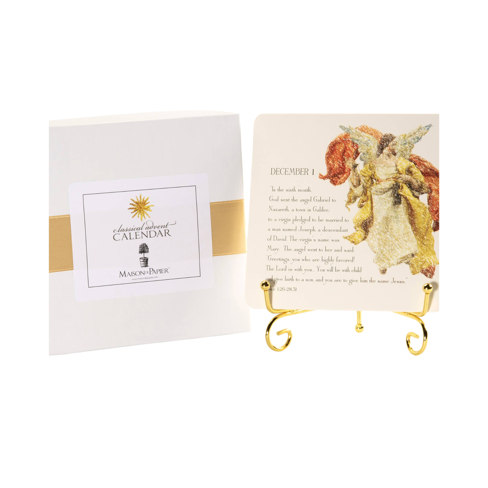 Decorative calendar with angel illustration and gold stand on a white background