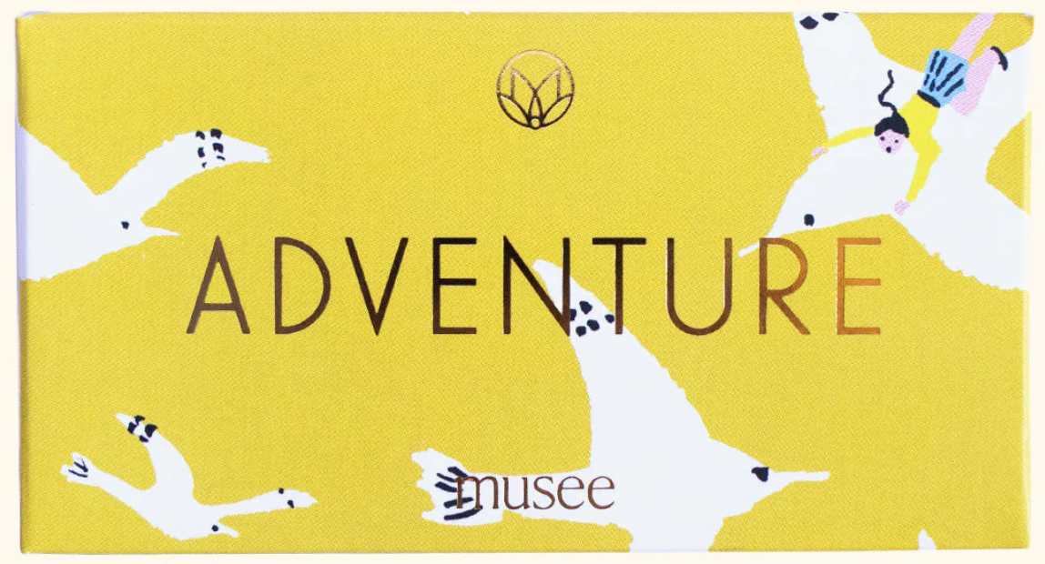 Product packaging with 'ADVENTURE' text and white animal illustrations on a yellow background