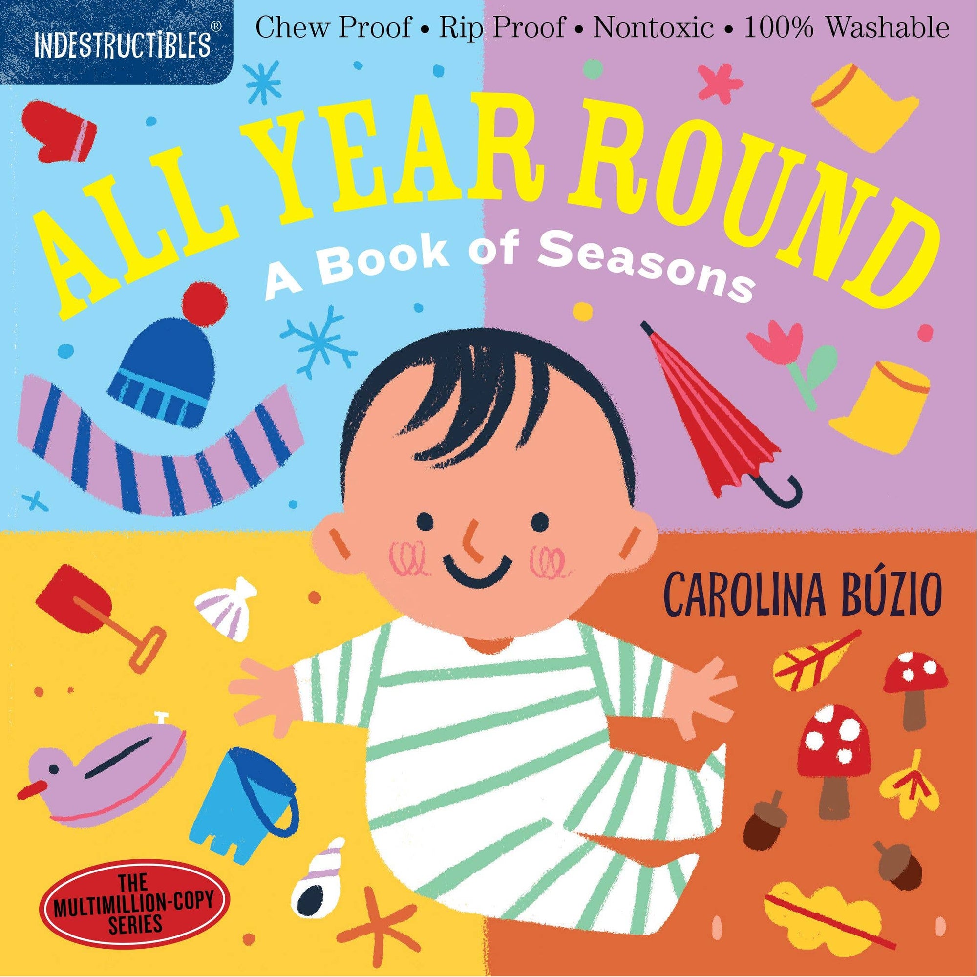 Children's book cover titled "All Year Round: A Book of Seasons" by Carolina Bózio, featuring a colorful illustrated baby and seasonal icons on a split pastel background.