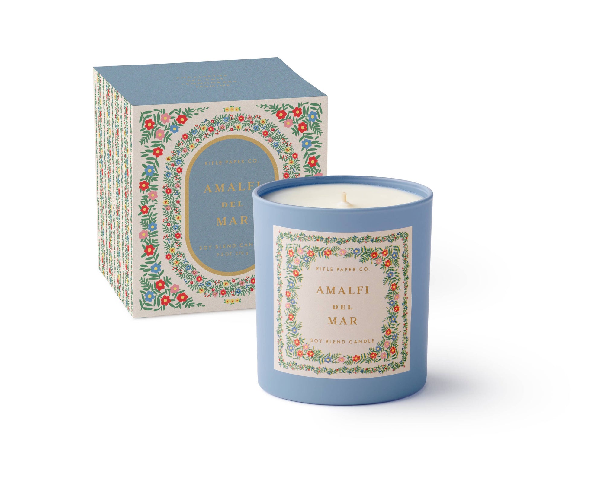 Candle with decorative packaging featuring 'Amalfi del Mar' branding on a white background