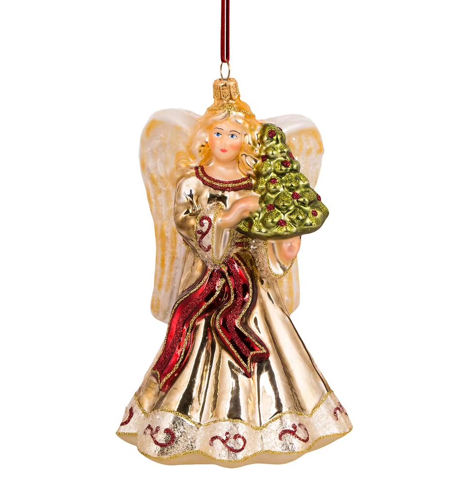 Decorative angel ornament holding a small Christmas tree on a white background