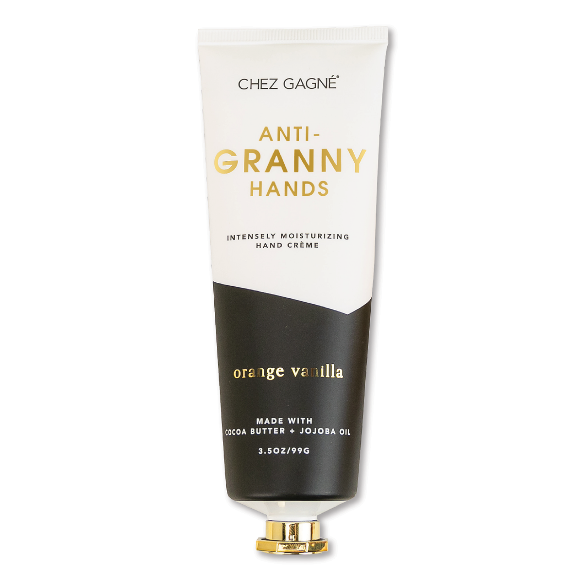 Hand cream tube labeled 'Anti-Granny Hands' with 'Chez Gagne' branding on a white background.