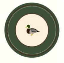 A circular decorative paper plate  featuring a central mallard duck illustration. The design has a dark green outer ring, a cream center, and a small green, yellow, gray, and black duck in the middle.