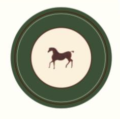 A circular decorative paper plate featuring a dark green outer border, a cream center, and a dark brown silhouette of a horse in the middle.