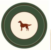 A circular decorative paper plate featuring a dark green outer ring, a thin gold inner ring, and a cream center with a brown dog silhouette.
