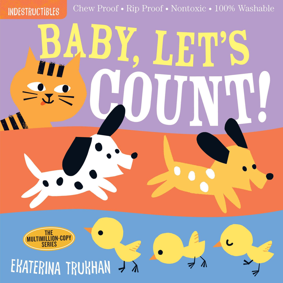 Book cover of 'Baby, Let's Count!' with cartoon animals and text on a purple and orange background.