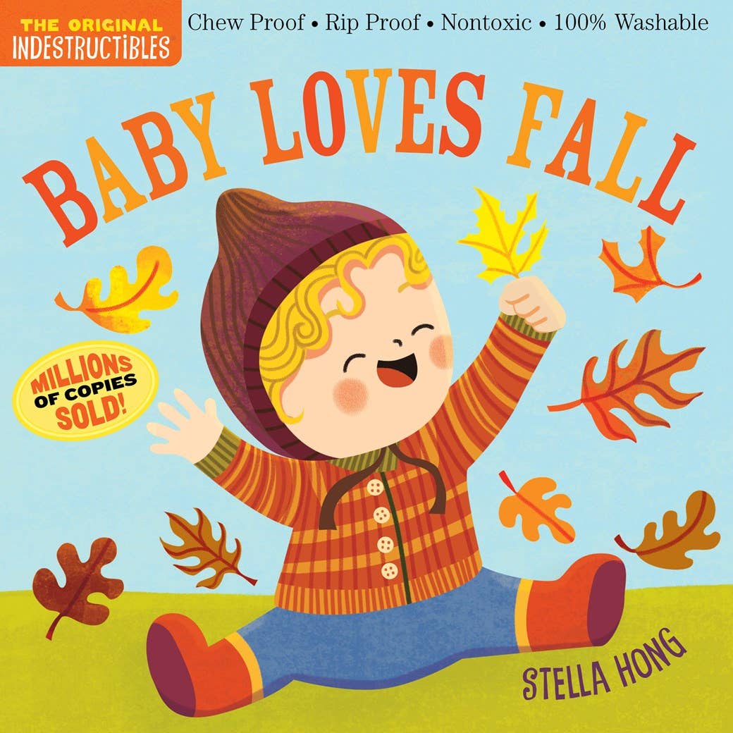 Book cover of 'Baby Loves Fall' with a child holding leaves and autumn-themed text.