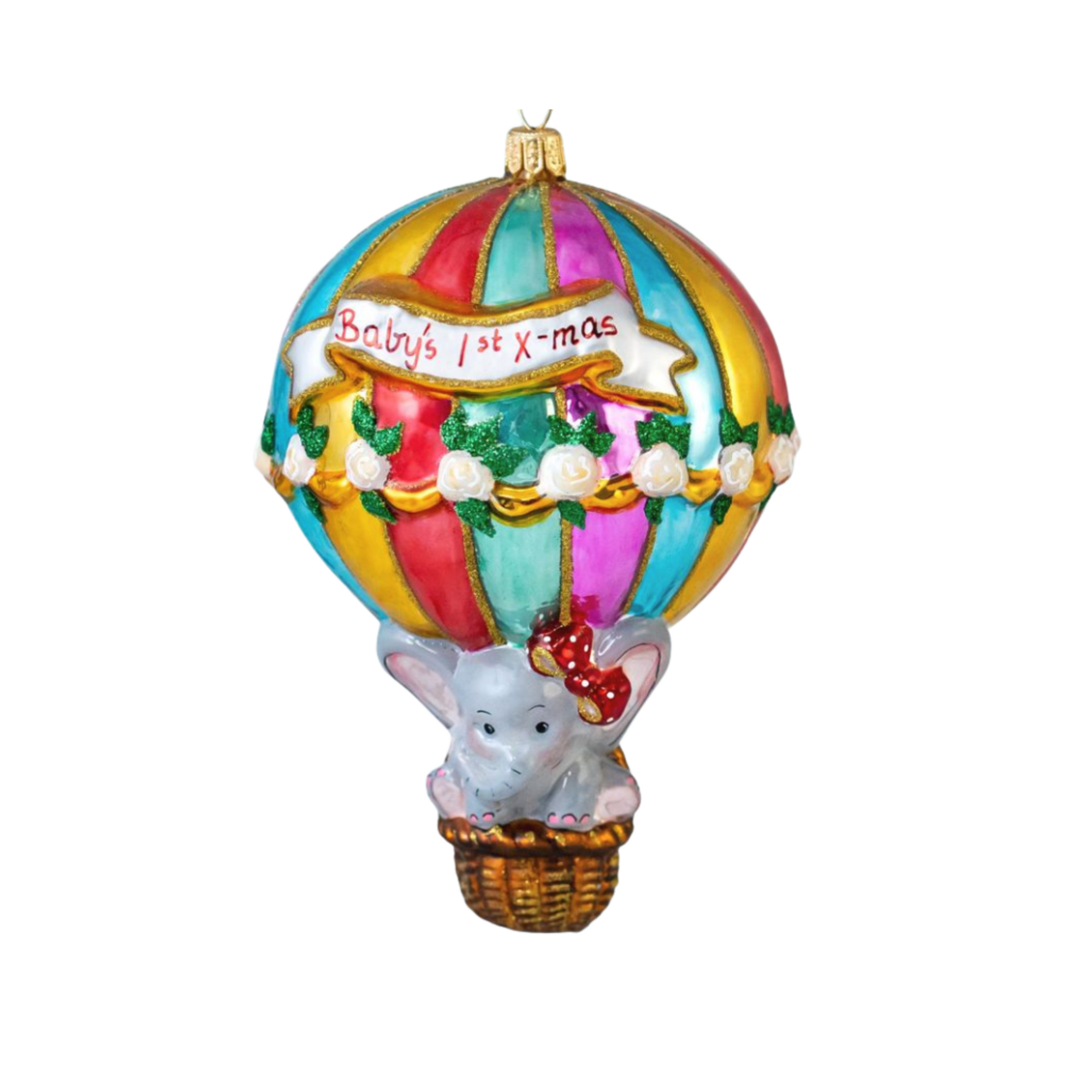Decorative ornament of a mouse in a hot air balloon with 'Baby's 1st X-mas' text on a white background