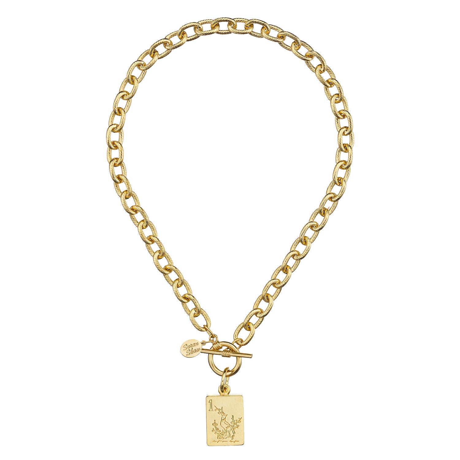 Gold chain necklace with a pendant on a white background