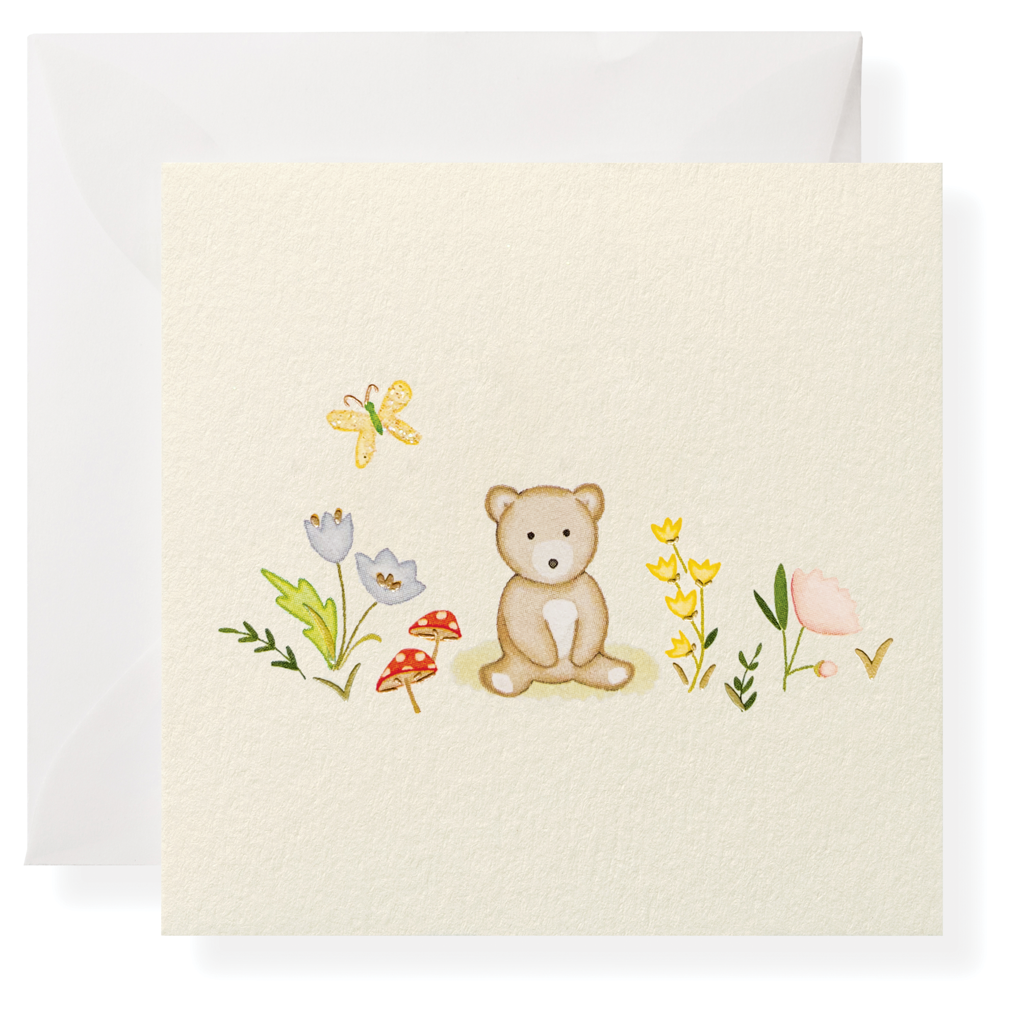 Card with a teddy bear and floral illustrations on a white background