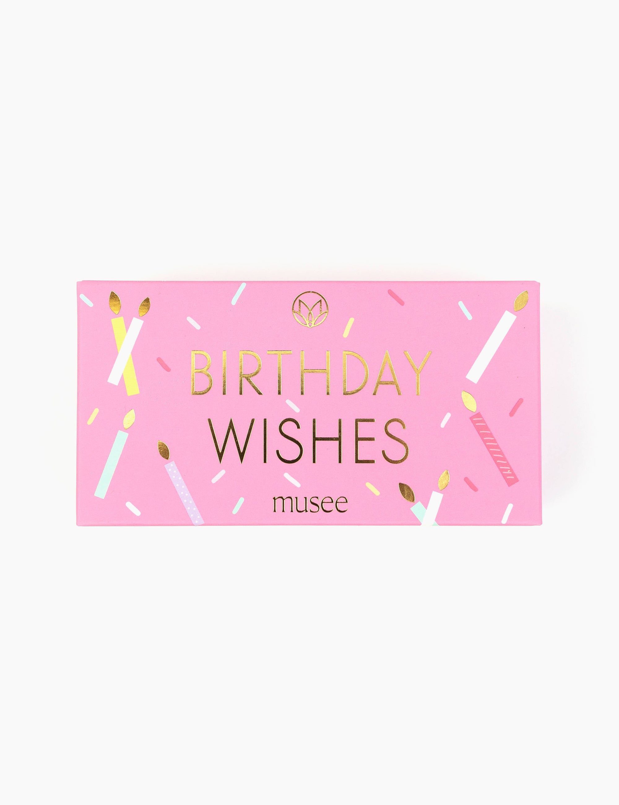 Pink boxed soap with 'Birthday Wishes' text and 'musee' branding on a white background 