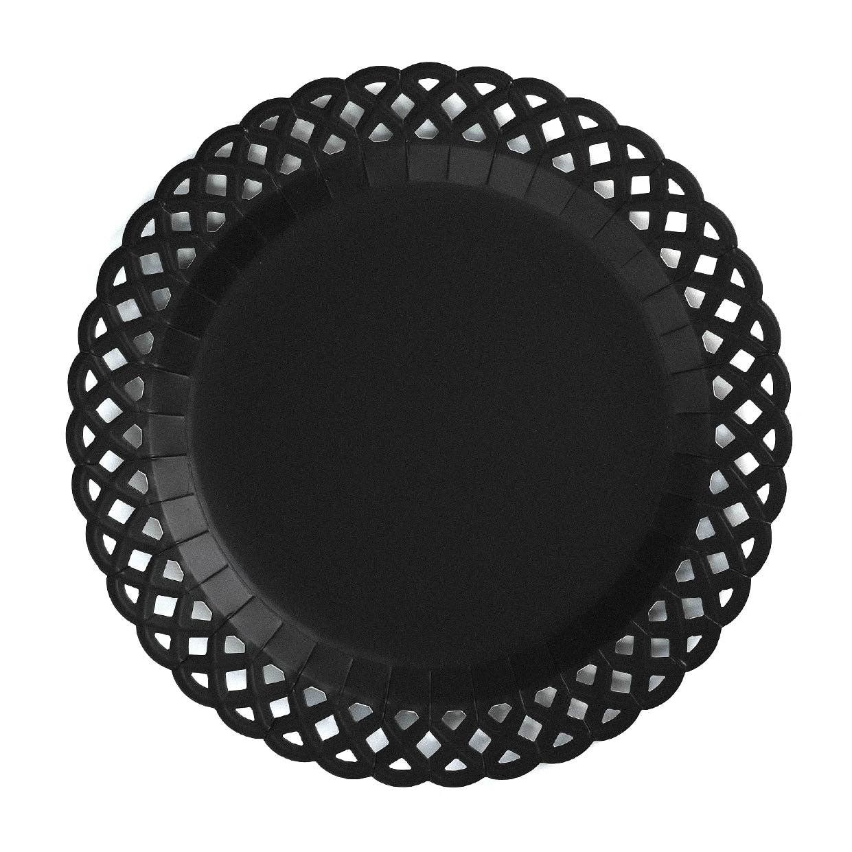 Black decorative paper plate with lattice design on a white background